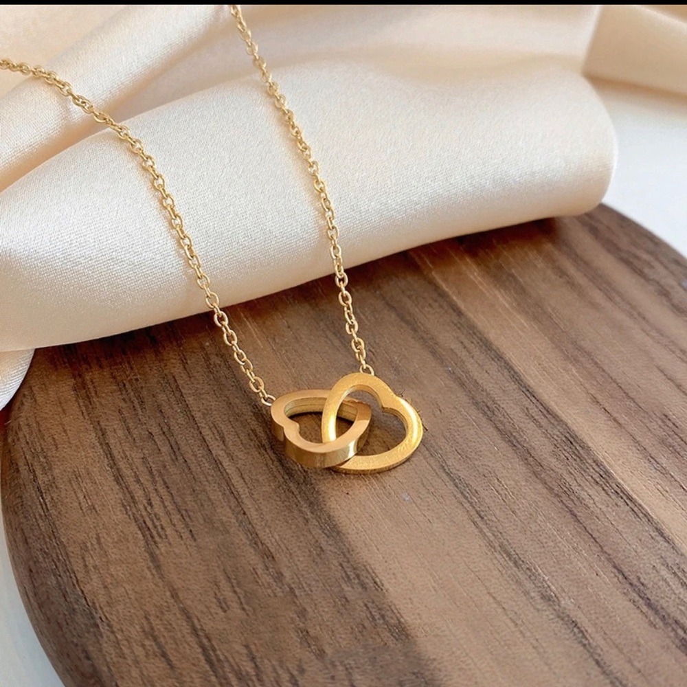 Simple Double Heart Pendant Necklace for Women Couple Stainless Steel - Picture 2 of 6